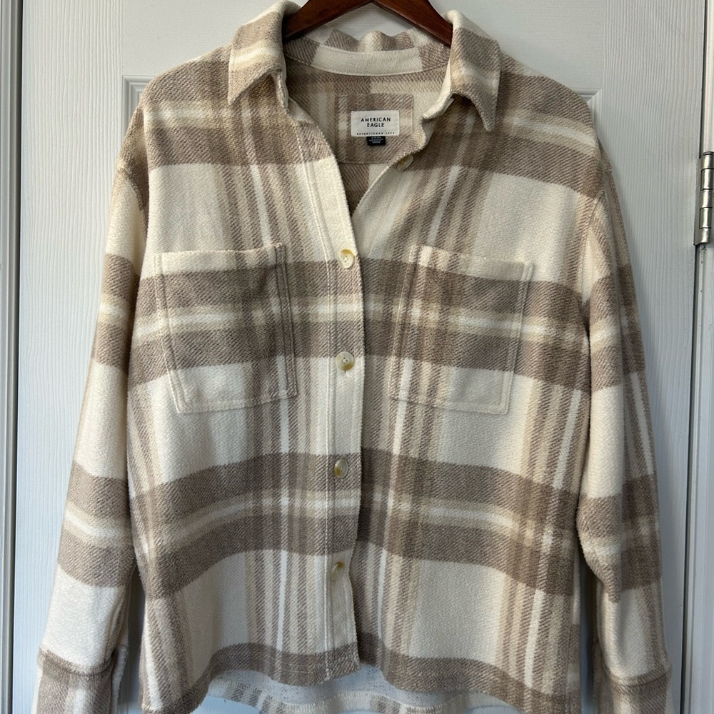 American Eagle Outfitters Plaid Utility Jacket - Cream and Brown